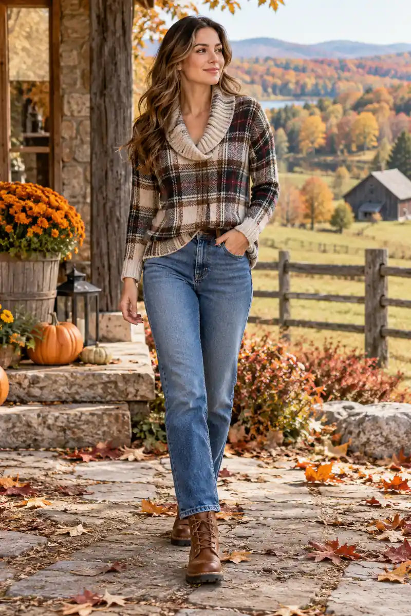 21 Cozy Plaid Sweater Looks With Jeans and Boots 8 Plaid shawl collar sweater with jeans and brown work boots