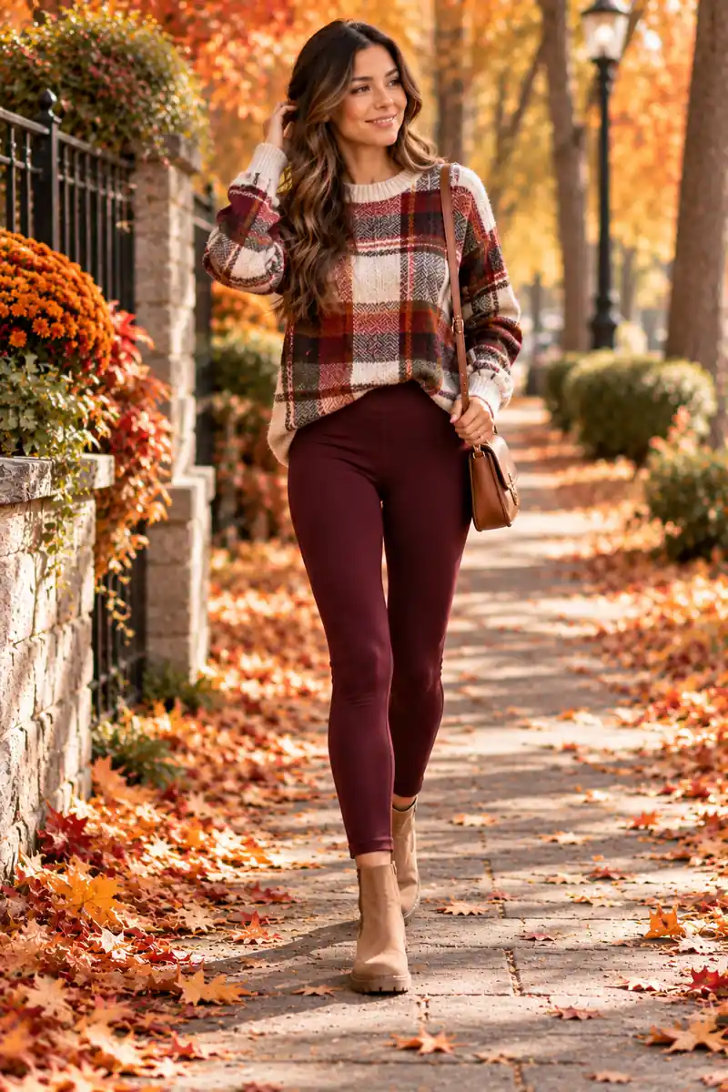 Woman in a plaid sweater with burgundy leggings and tan Chelsea boots