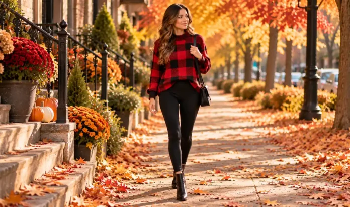 Woman in a red buffalo plaid sweater with black leggings walking on a fall street