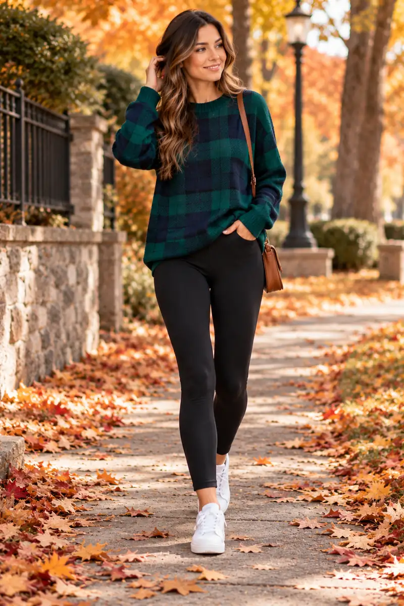 Woman wearing a green and navy plaid sweater with black leggings and white sneakers