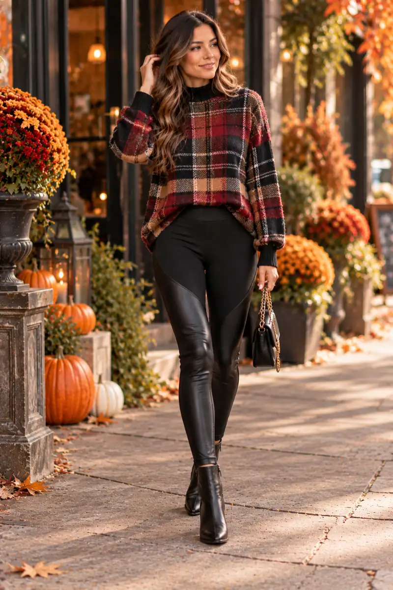 Woman wearing a plaid sweater with black leather-panel leggings and heeled ankle boots