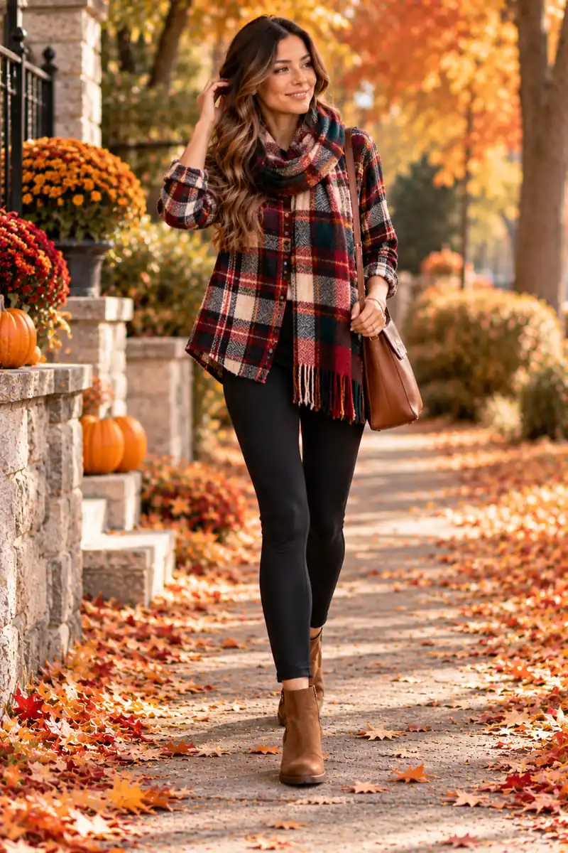 Woman layering two mixed plaid pieces over solid black leggings
