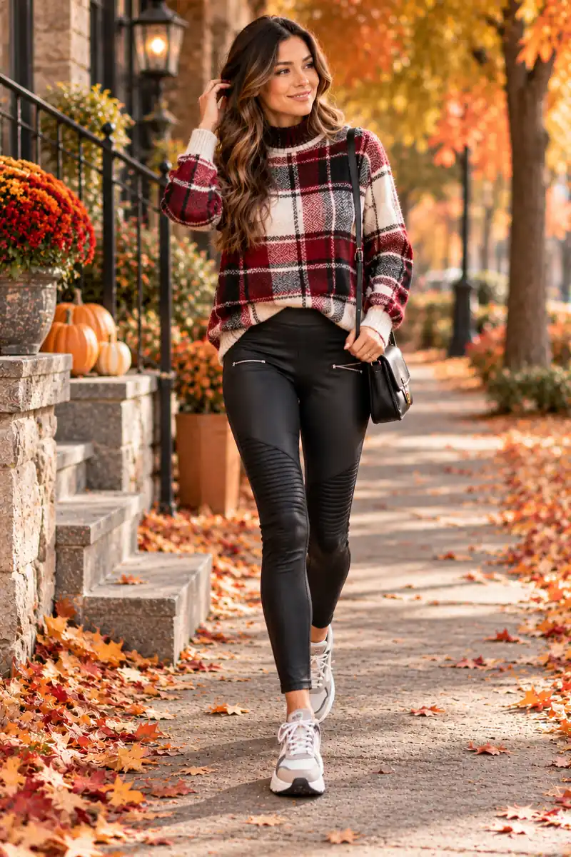 Woman wearing a plaid mock neck sweater with black moto leggings and chunky sneakers