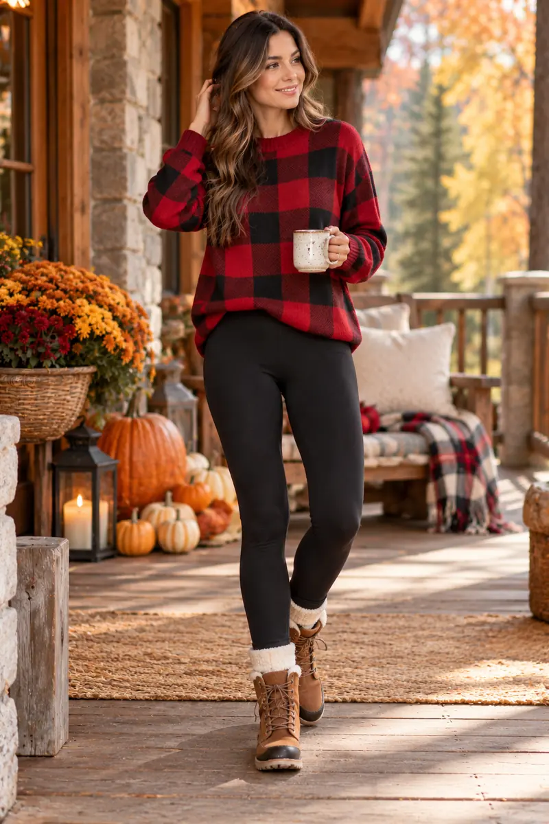 Woman in a red buffalo plaid crewneck sweater with black fleece-lined leggings and winter boots