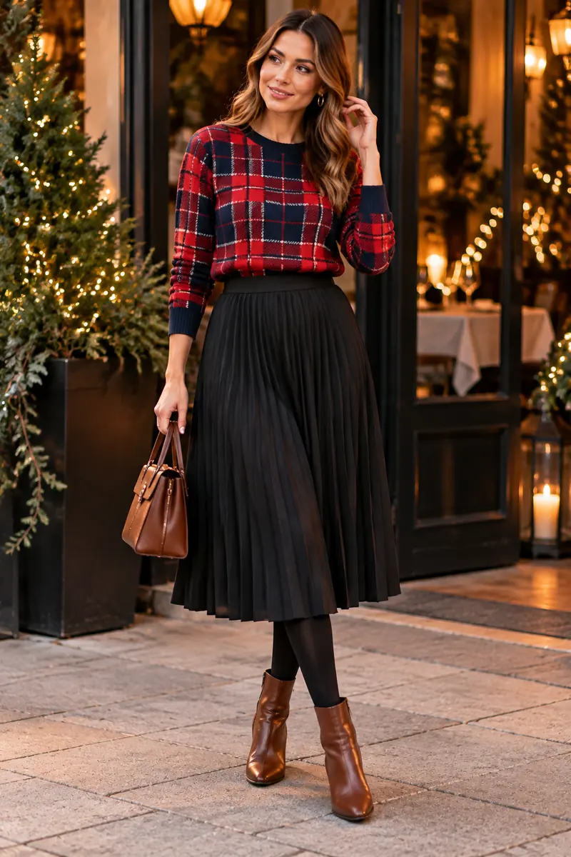 15 Plaid Sweater Capsule-Wardrobe Outfits to Recreate 2 Woman wearing a red and navy plaid crewneck sweater tucked into a black pleated midi skirt with opaque black tights and brown leather ankle boots, evening date night look