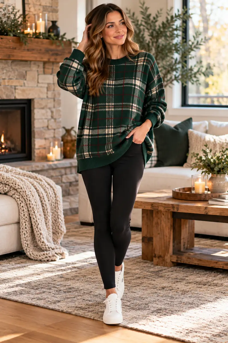 15 Plaid Sweater Capsule-Wardrobe Outfits to Recreate 3 Woman relaxing at home wearing an oversized dark green plaid sweater with black leggings and white sneakers, cozy living room