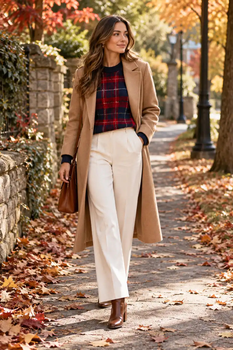 15 Plaid Sweater Capsule-Wardrobe Outfits to Recreate 4 Woman on a fall walk wearing a red and navy plaid crewneck sweater under a camel wool coat with cream wide-leg trousers and brown leather ankle boots, autumn leaves