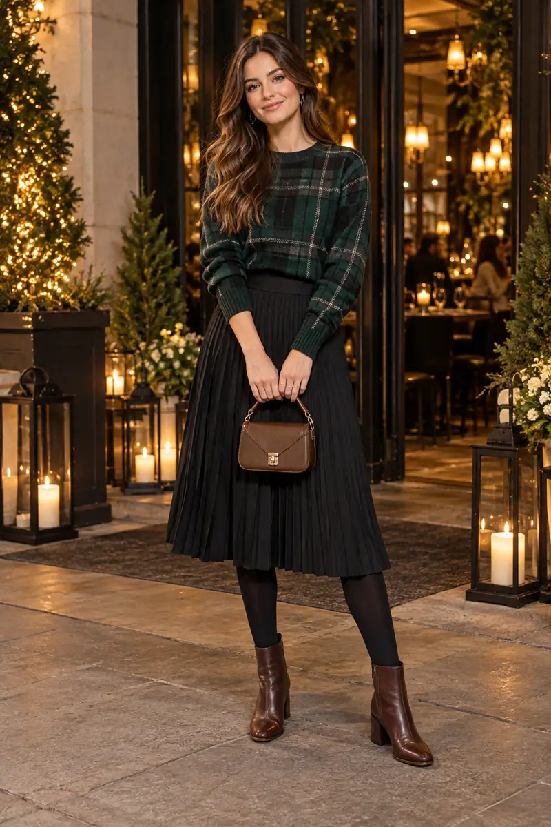 15 Plaid Sweater Capsule-Wardrobe Outfits to Recreate 6 Woman at an evening event wearing a dark green plaid sweater tucked into a black pleated midi skirt with opaque black tights and brown leather ankle boots