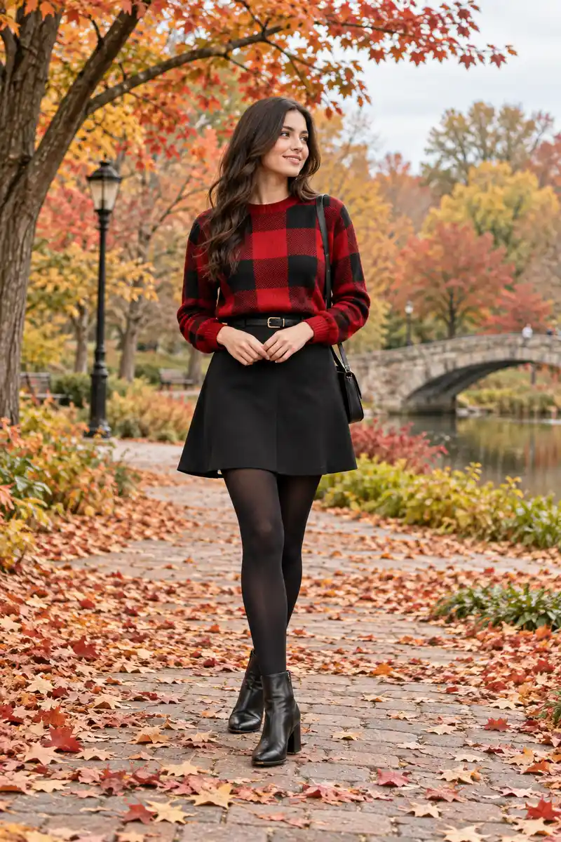 How to Style a Plaid Sweater for a Chic Fall Look 4 Brown leather ankle boots paired with dark-wash cuffed jeans, a low-angle close-up on a wooden bedroom floor, the boots and denim...