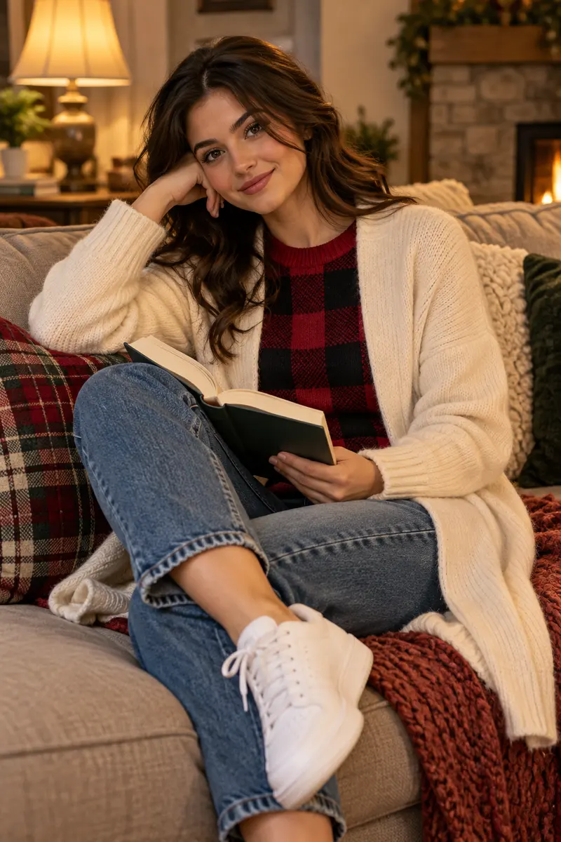 How to Style a Plaid Sweater for a Chic Fall Look 6 A close-up portrait of a modestly dressed young woman with soft loose waves and natural makeup, wearing a plaid sweater with the collar...