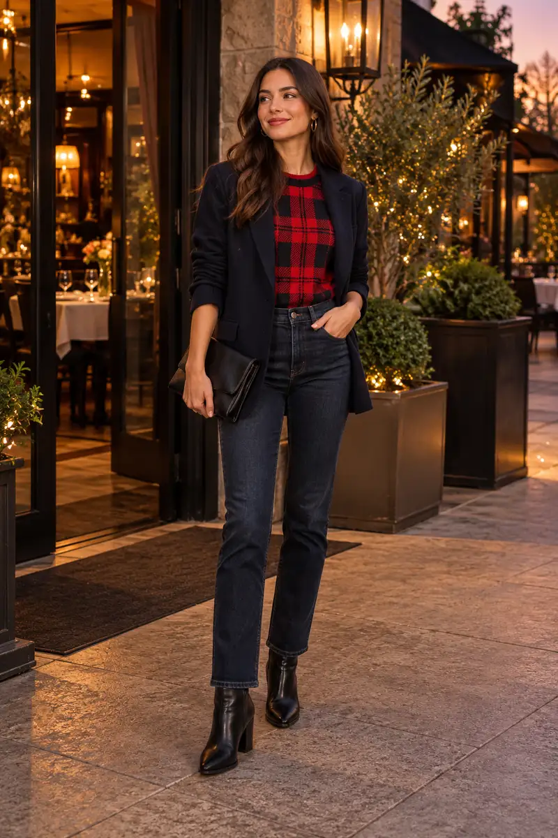 How to Style a Plaid Sweater for a Chic Fall Look 5 A macro detail shot of a slim tan leather belt cinched over a red plaid sweater at the waist, dark jeans below, warm lamplight glow,...