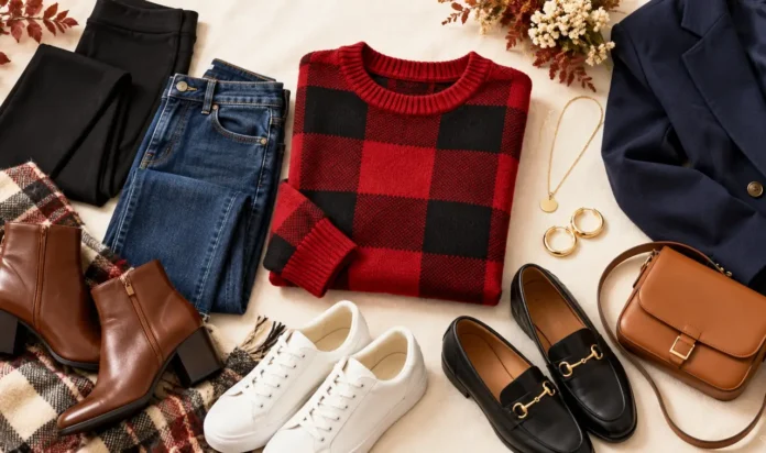 A modestly dressed young woman in a finished chic fall A modestly dressed young woman in a finished chic fall outfit, red plaid sweater with a front tuck, open camel blazer, dark-wash jeans,...
