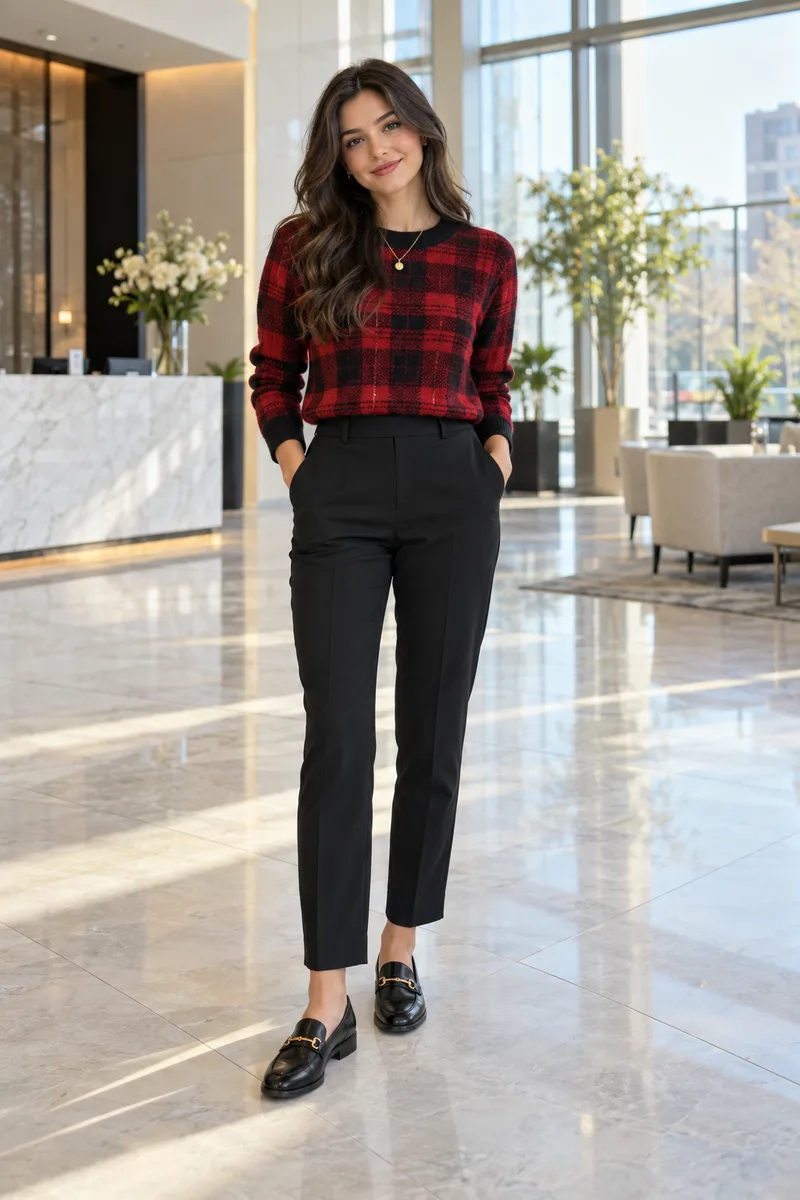How to Style a Plaid Sweater for a Chic Fall Look 3 A modestly dressed young woman in a plaid sweater with an open camel blazer, dark jeans, and ankle boots, walking on a city sidewalk...
