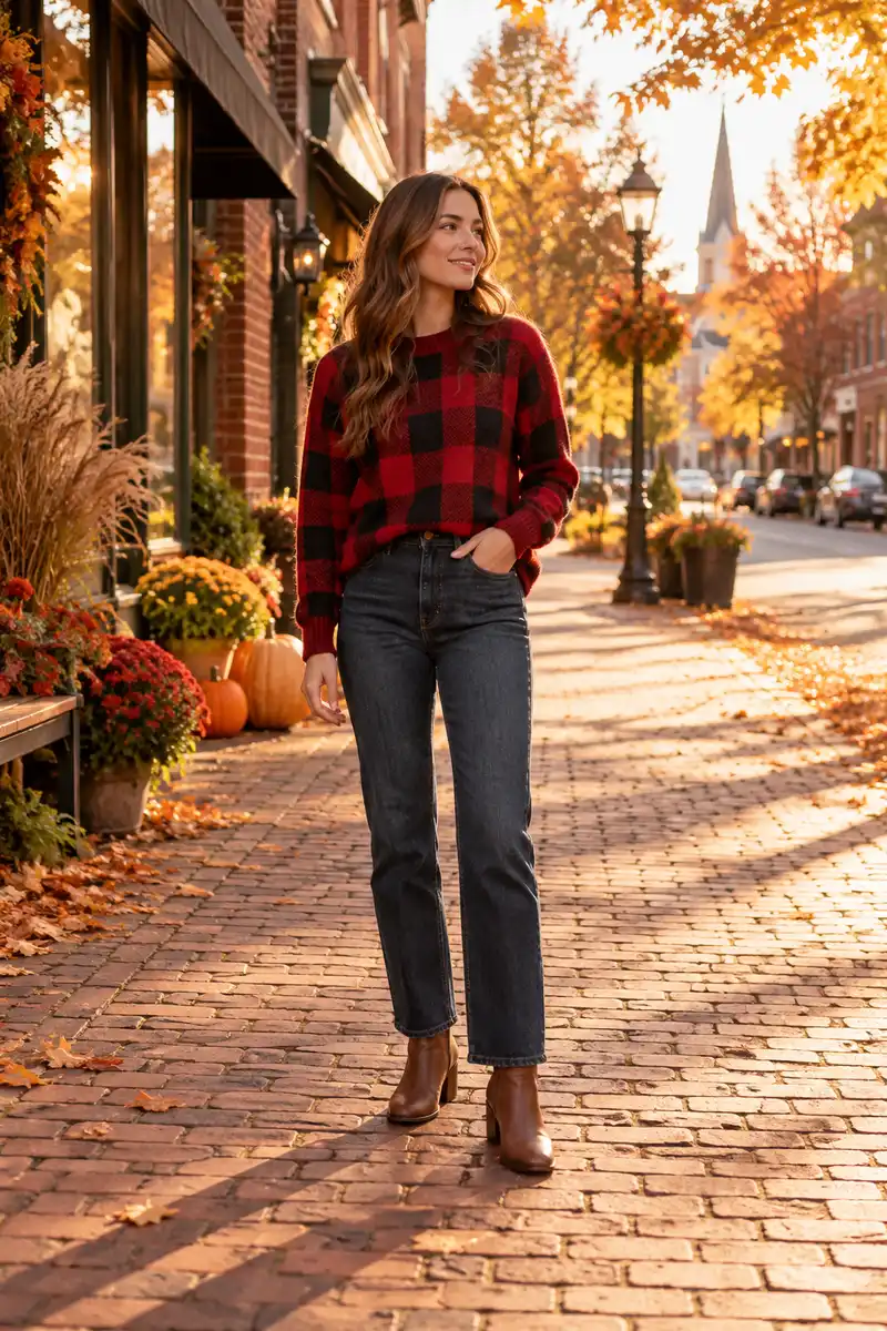 How to Style a Plaid Sweater for a Chic Fall Look 2 A modestly dressed young woman in a red plaid sweater and dark-wash straight jeans with a front tuck, brown ankle boots, standing in a...