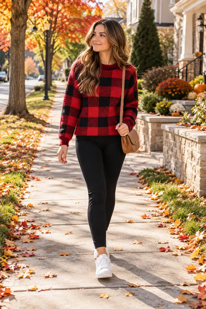 How to Style a Plaid Sweater for a Chic Fall Look 1 Three folded plaid sweaters in a row showing small, medium, and large check patterns, red and neutral plaids, arranged on a cream...