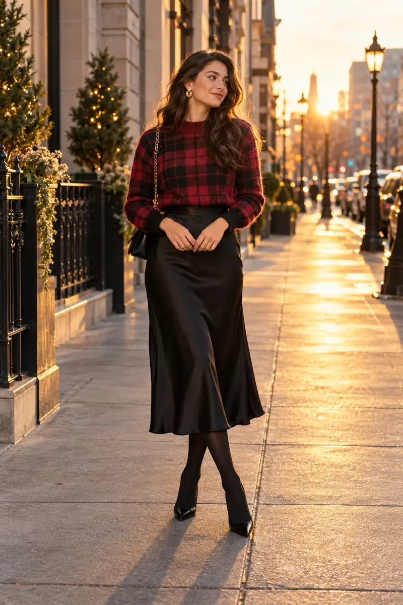 How to Style a Plaid Sweater for a Chic Fall Look 7 A wide shot of a modestly dressed young woman in a fully styled fall outfit, plaid sweater, open long wool coat, dark jeans, ankle...