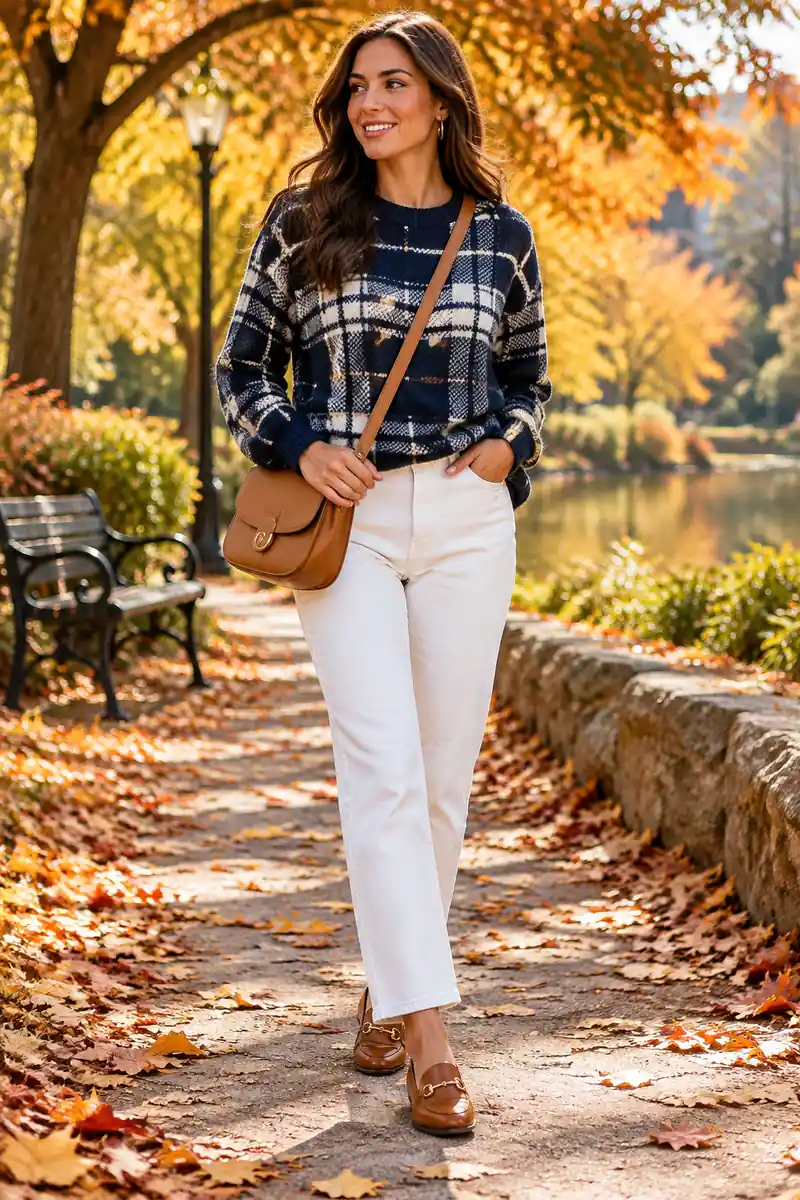 12 Plaid Sweater Color Combinations That Look Expensive 2 Woman in a navy and white plaid sweater with white straight-leg jeans, tan leather loafers, and a tan crossbody bag, walking through a park in autumn