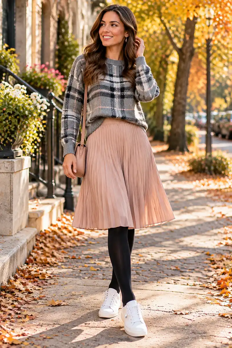 12 Plaid Sweater Color Combinations That Look Expensive 3 Woman wearing a gray plaid sweater with a blush pink pleated skirt, opaque black tights, and white sneakers, smiling on a sunny street