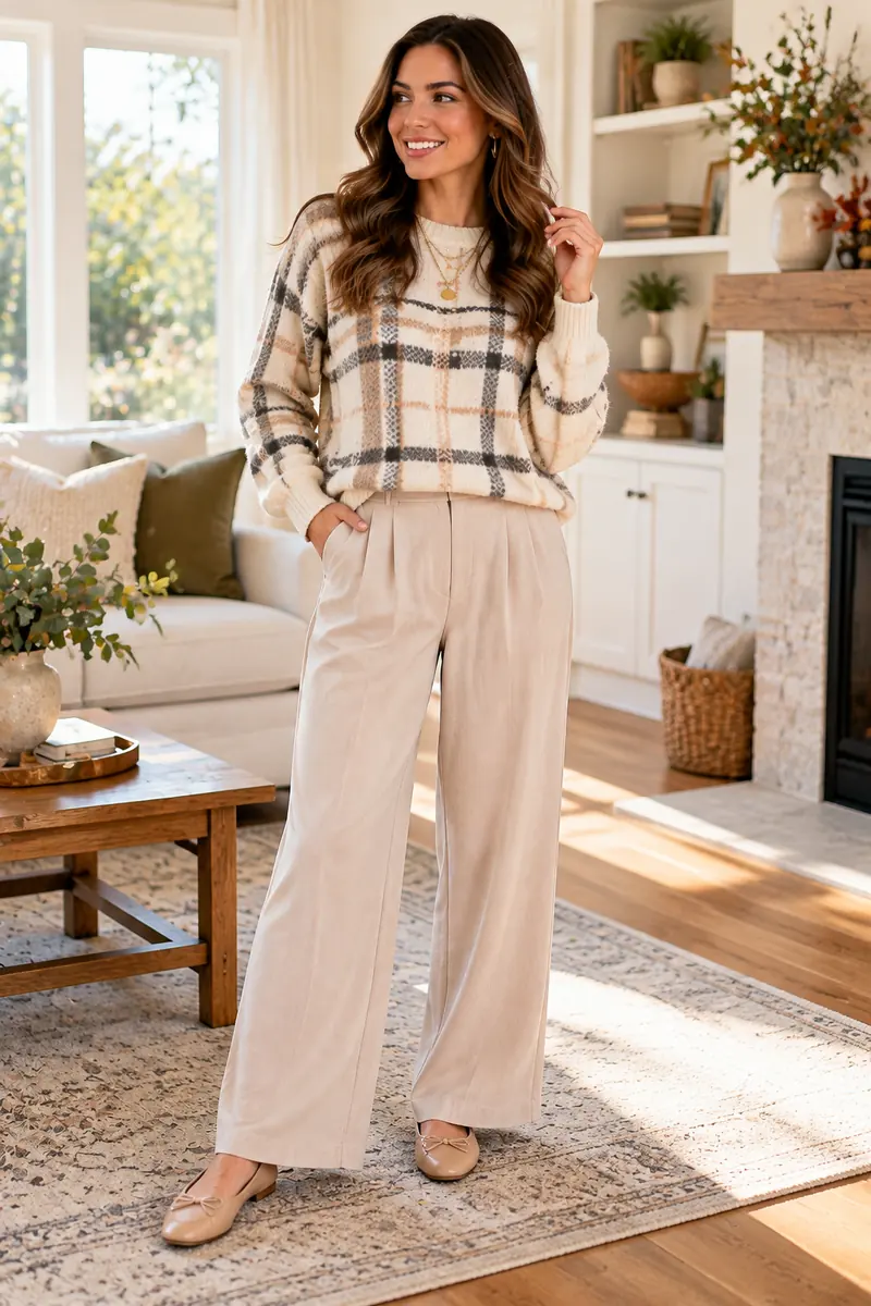 12 Plaid Sweater Color Combinations That Look Expensive 4 Woman in a cream plaid sweater with oatmeal wide-leg trousers, gold layered necklaces, and nude ballet flats, in a bright living room