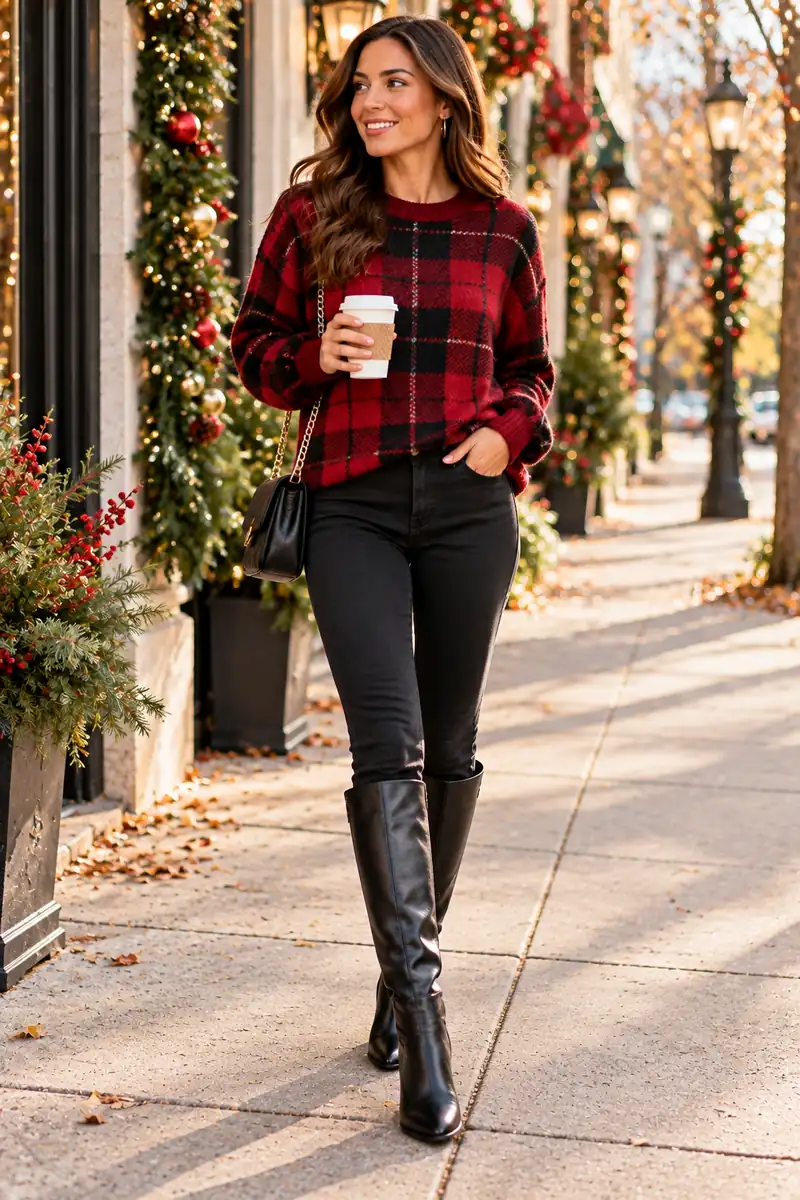12 Plaid Sweater Color Combinations That Look Expensive 5 Woman wearing a red and black plaid sweater with black skinny jeans and black knee-high boots, holding a coffee cup on a festive street