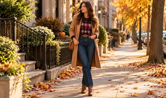 An elegant young woman in a burgundy plaid sweater, black An elegant young woman in a burgundy plaid sweater, black tailored trousers, and heeled ankle boots, carrying a structured tan satchel,...