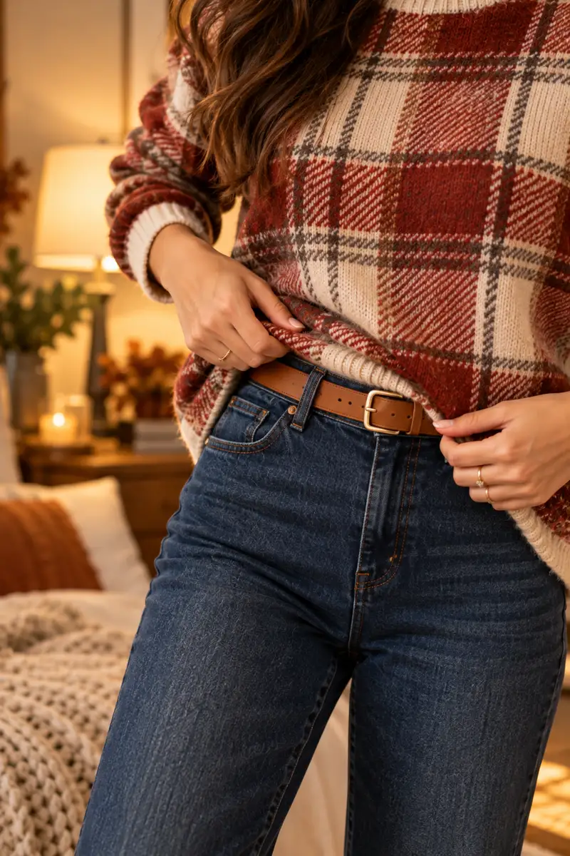 How to Dress Up a Plaid Sweater for Work or Dinner 3 A vertical 2:3 close-up photo of a neat front tuck: a navy plaid sweater tucked into high-waisted charcoal trousers with a thin brown...