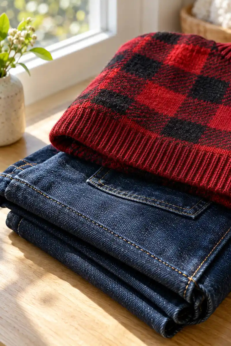 How to Dress Up a Plaid Sweater for Work or Dinner 1 A vertical 2:3 close-up photo of a woman's hands smoothing the front of a burgundy and navy small-check plaid sweater, fine knit texture...