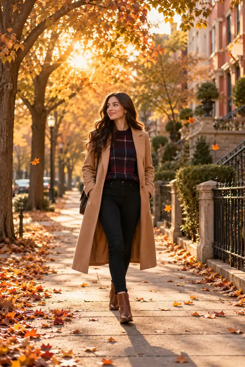 How to Dress Up a Plaid Sweater for Work or Dinner 5 A vertical 2:3 close-up photo of a woman's wrist wearing a classic gold watch and thin gold bracelet, cuff of a burgundy plaid sweater...