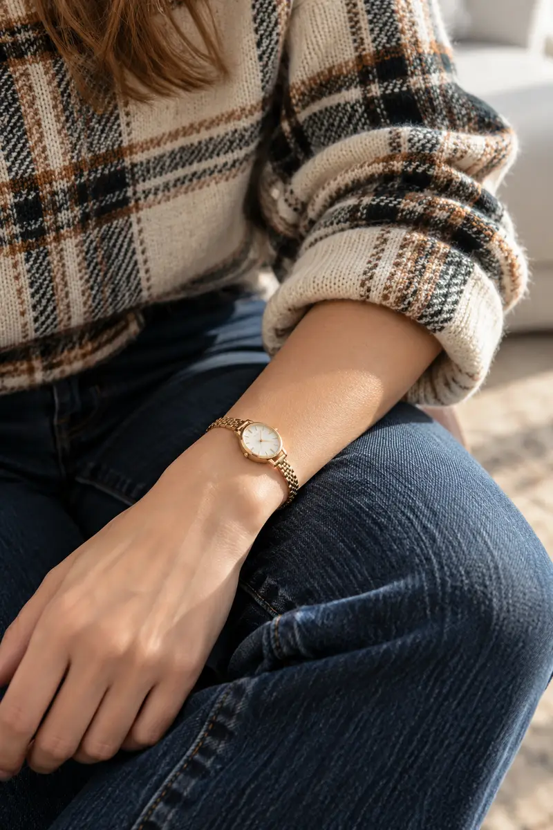 How to Dress Up a Plaid Sweater for Work or Dinner 4 A young woman in a red and black plaid sweater putting on a camel blazer over her shoulders, black trousers, bright modern office...