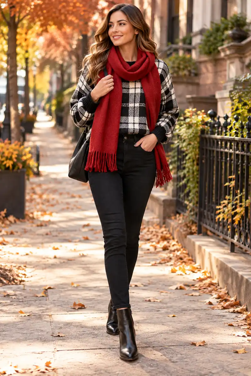 25 Plaid Sweater Outfits You'll Want to Copy This Fall 7 Black and white plaid sweater with a red scarf and black jeans