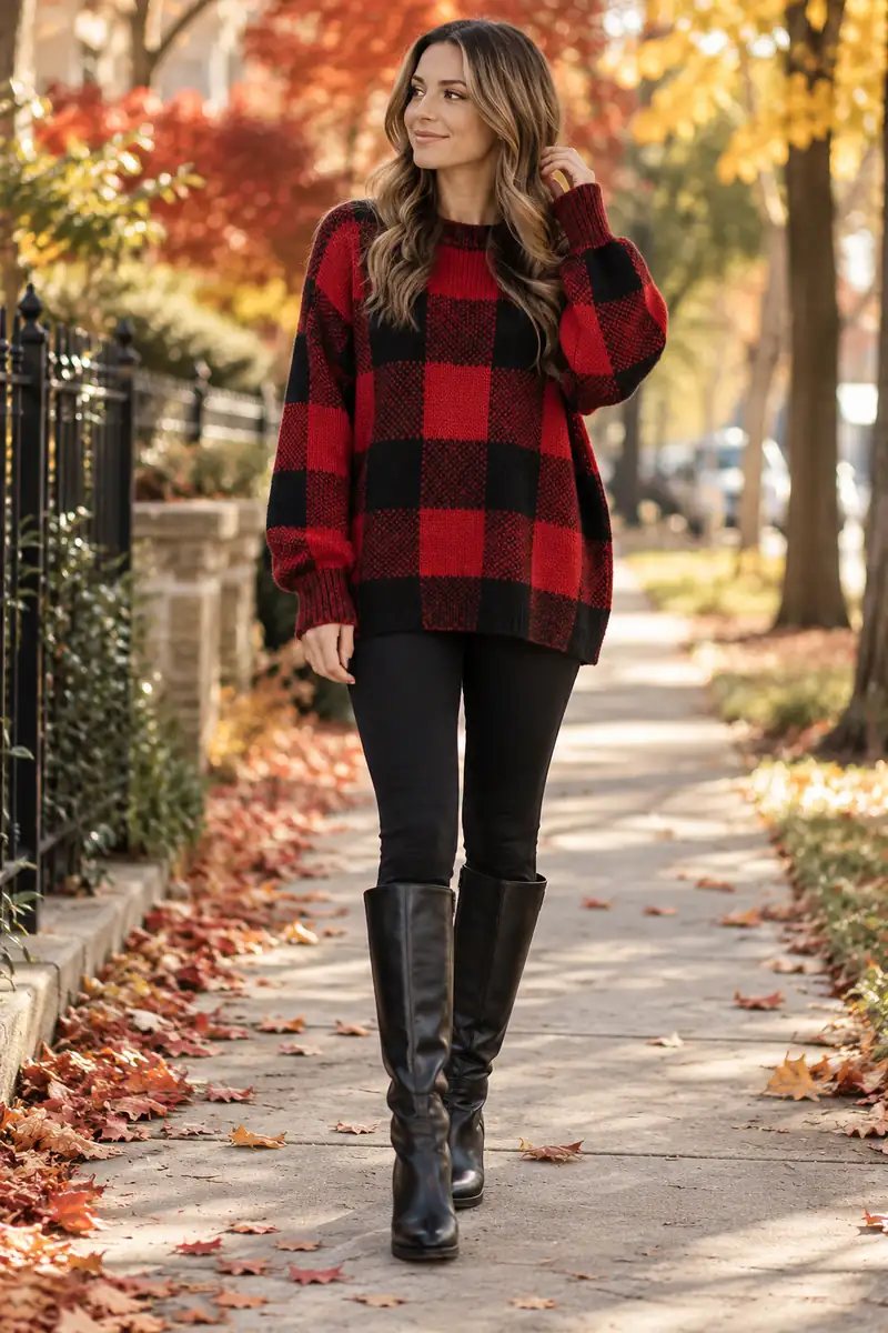 25 Plaid Sweater Outfits You'll Want to Copy This Fall 1 Woman wearing an oversized red buffalo plaid sweater with black leggings and knee high boots