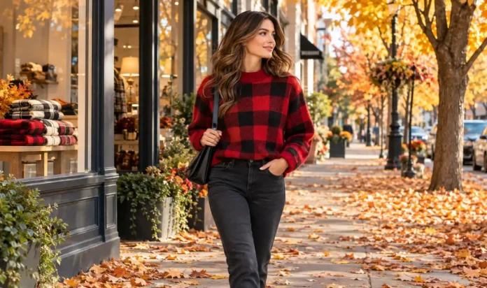 Plaid Sweater Outfits Featured Woman in a red buffalo plaid sweater walking down an autumn street