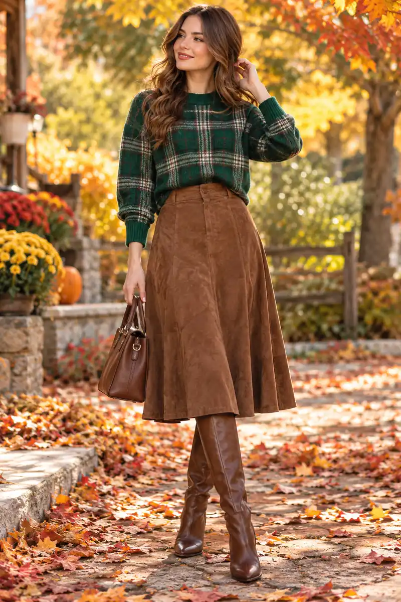 25 Plaid Sweater Outfits You'll Want to Copy This Fall 6 Green plaid sweater paired with a brown suede skirt and tall boots