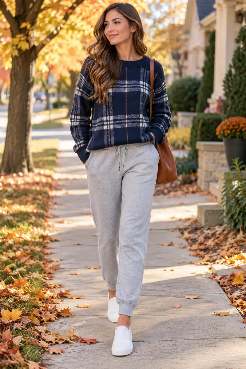 25 Plaid Sweater Outfits You'll Want to Copy This Fall 12 Navy plaid sweater with grey joggers and slip on sneakers for a cozy weekend