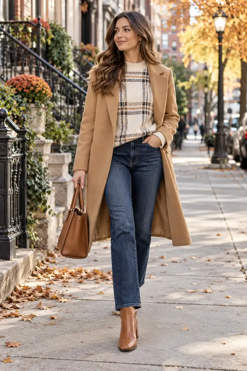 25 Plaid Sweater Outfits You'll Want to Copy This Fall 11 Cream plaid knit sweater layered under a camel coat for fall