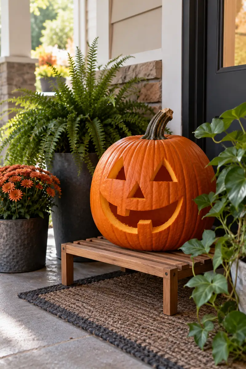 A carved pumpkin displayed in the cool shade of a covered porch, tucked under the overhang away from sunlight, sitting on a small wooden...