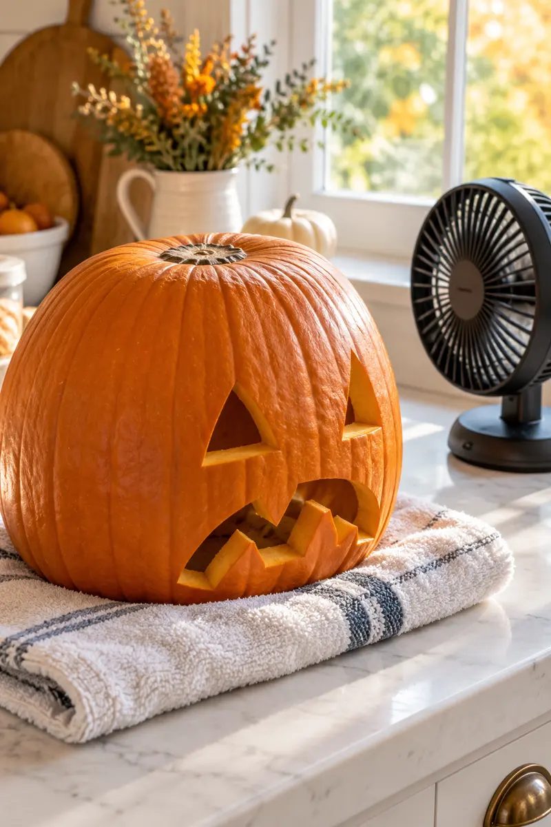 A carved pumpkin sitting upside down on a folded towel to dry, a small fan blowing nearby, morning light through a window, clean and bright