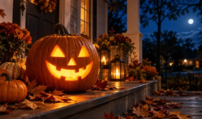 A fresh glowing carved pumpkin with a crisp jack-o'-lantern face sitting on a wooden porch at night, warm light shining through the...