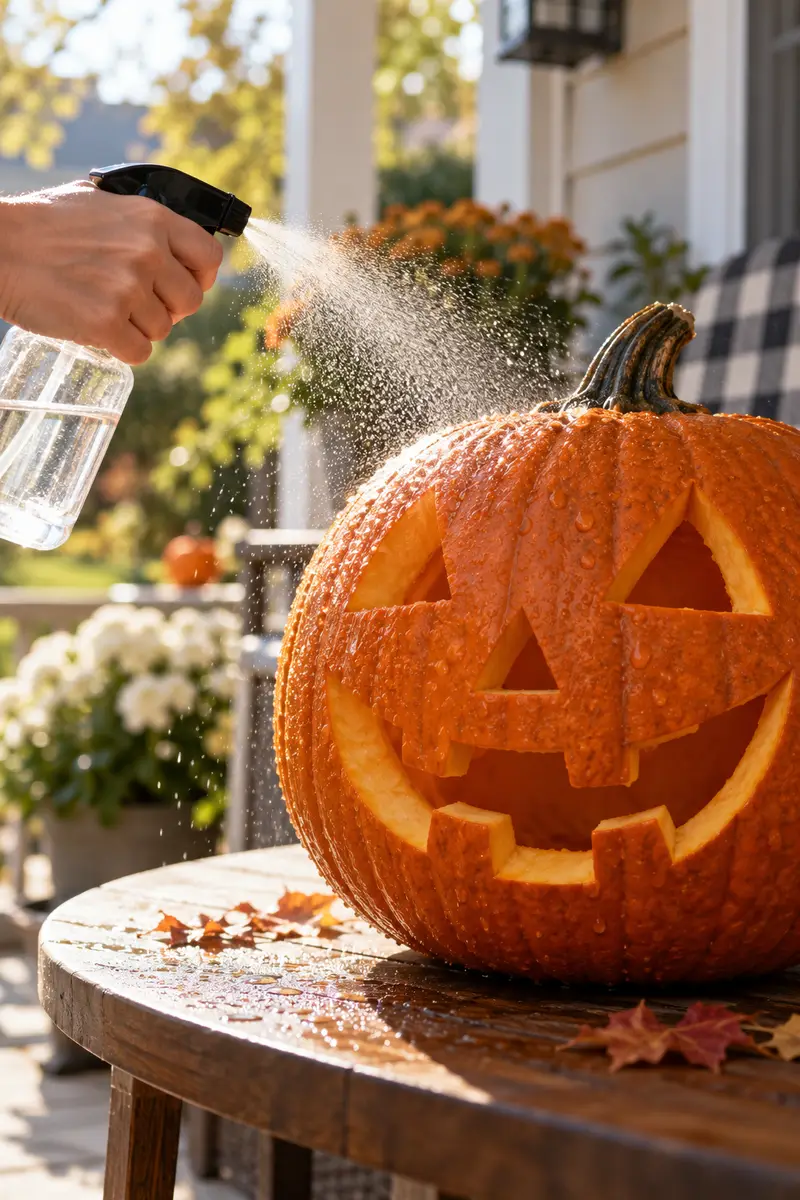 A vertical 2:3 realistic Pinterest-style photo, close-up of a hand misting a carved pumpkin's face with a clear spray bottle, fine water...