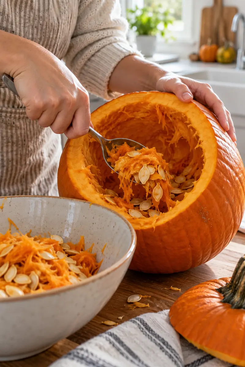 A vertical 2:3 realistic Pinterest-style photo, close-up of hands scraping the inside wall of a hollow pumpkin with a large metal spoon,...