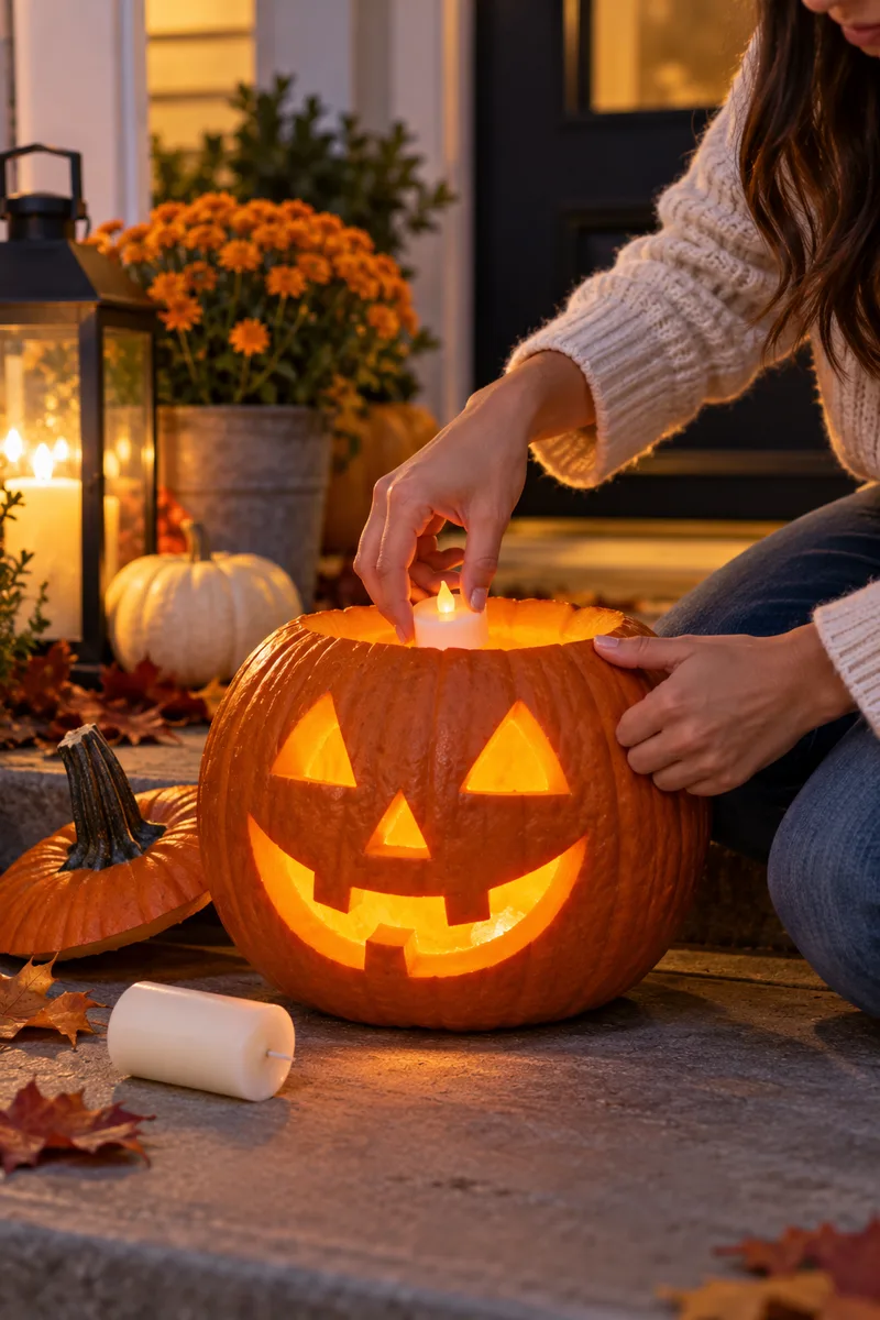 A vertical 2:3 realistic Pinterest-style photo, mid shot of a hand placing a small glowing LED tea light inside a carved pumpkin on a...