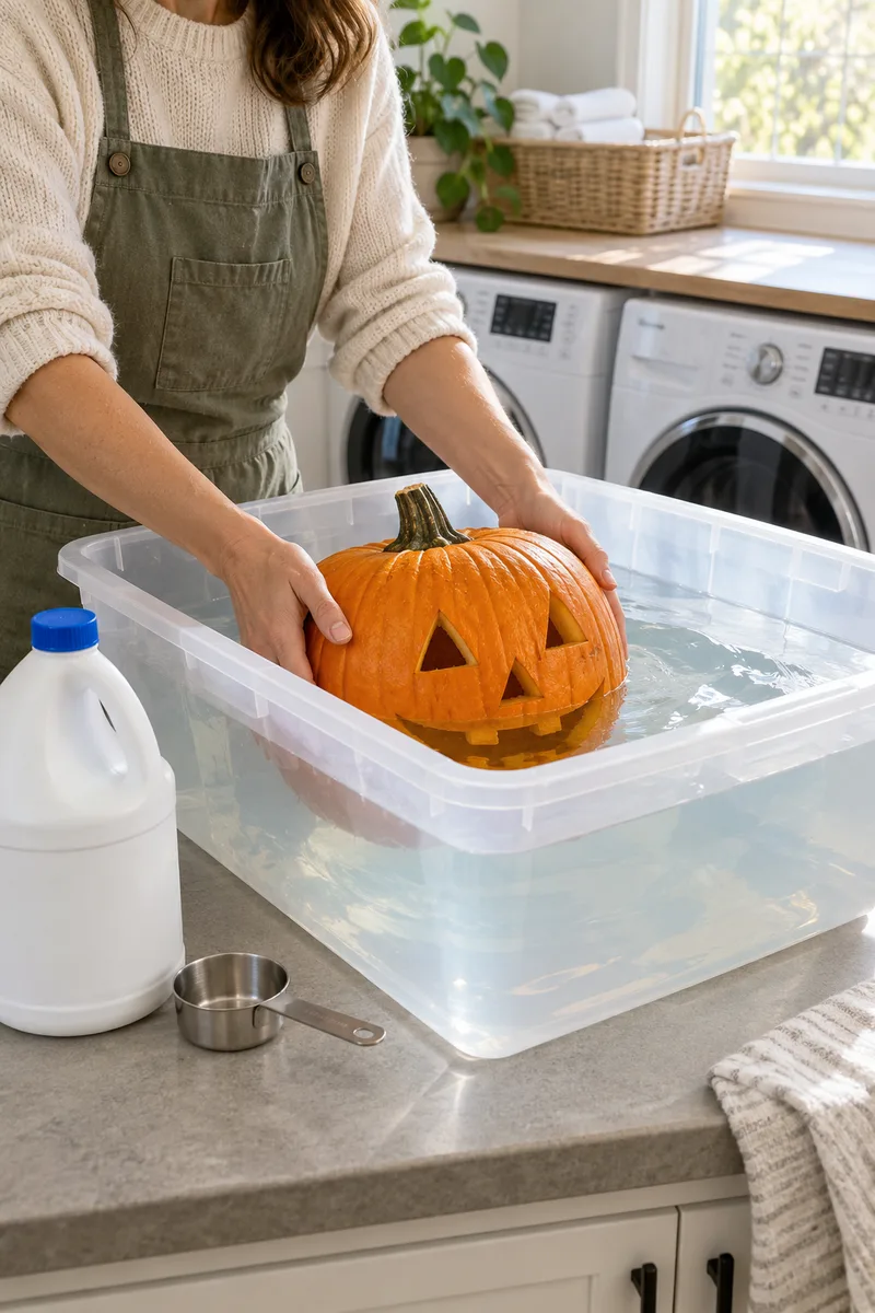 A vertical 2:3 realistic Pinterest-style photo, mid shot of hands lowering a carved pumpkin into a large plastic tub filled with clear...