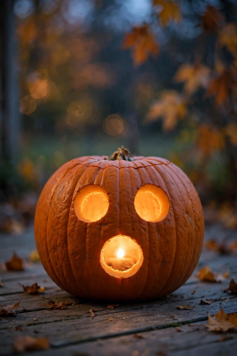 20 Pumpkin-Carving Ideas for Beginners That Look Impressive 1 Carved pumpkin with circle eyes and a round surprised mouth