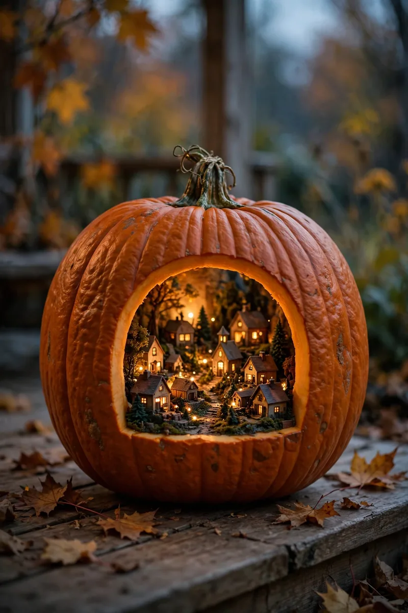 20 Pumpkin-Carving Ideas for Beginners That Look Impressive 3 Carved pumpkin with an arched window showing a tiny lit village scene inside