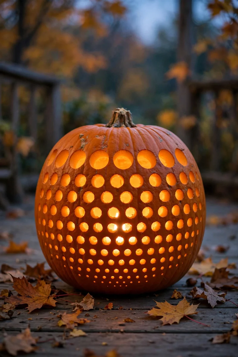 20 Pumpkin-Carving Ideas for Beginners That Look Impressive 4 Carved pumpkin with drilled dots shrinking from big to small in a gradient