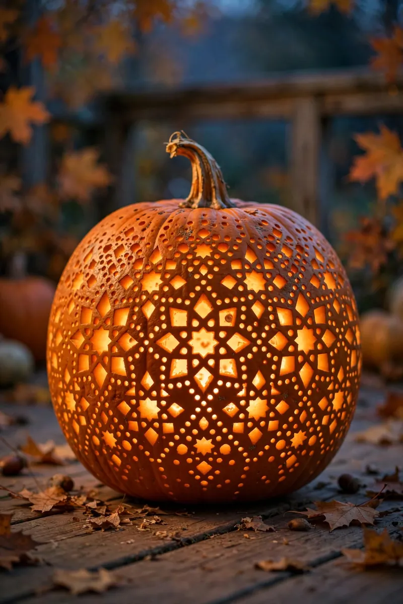 20 Pumpkin-Carving Ideas for Beginners That Look Impressive 5 Pumpkin covered in glowing drilled dots like a lantern