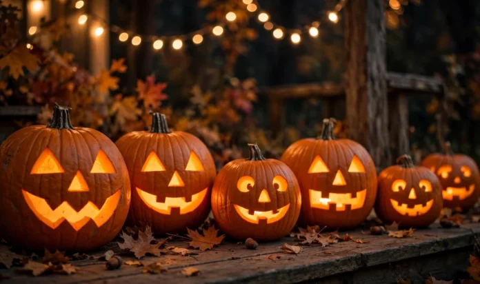 Pumpkin Carving for Beginners - Pumpkin Carving for Beginners Glowing carved pumpkins with bold simple faces on a porch at night