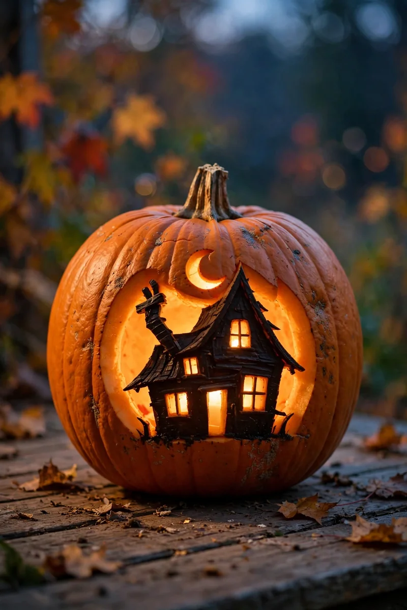20 Pumpkin-Carving Ideas for Beginners That Look Impressive 6 Carved pumpkin with a crooked haunted house silhouette and lit windows