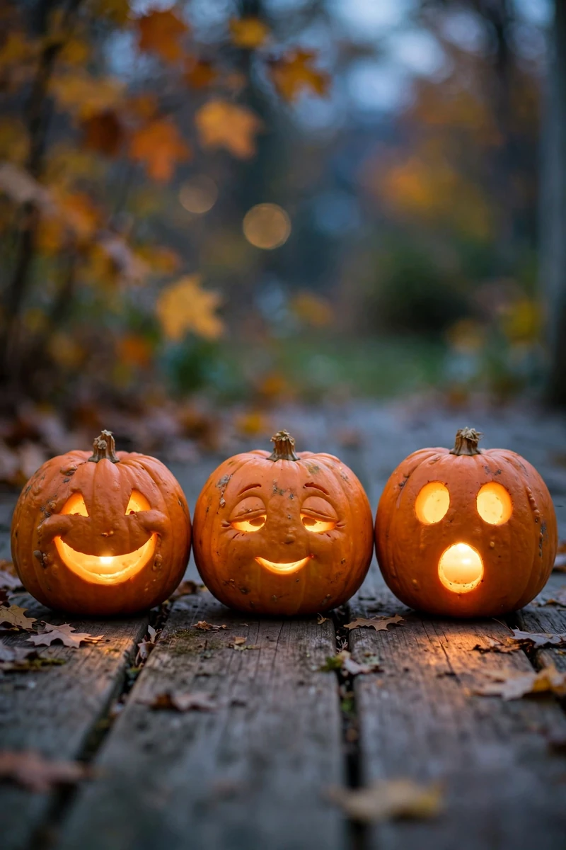 20 Pumpkin-Carving Ideas for Beginners That Look Impressive 2 Three mini pumpkins with happy, sleepy and surprised faces grouped together