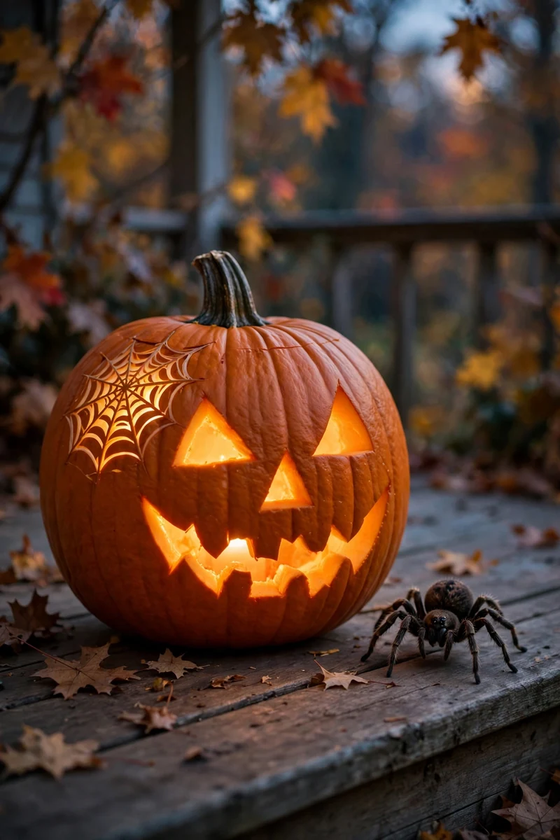 20 Pumpkin-Carving Ideas for Beginners That Look Impressive 7 Carved pumpkin with a spiderweb and chunky spider